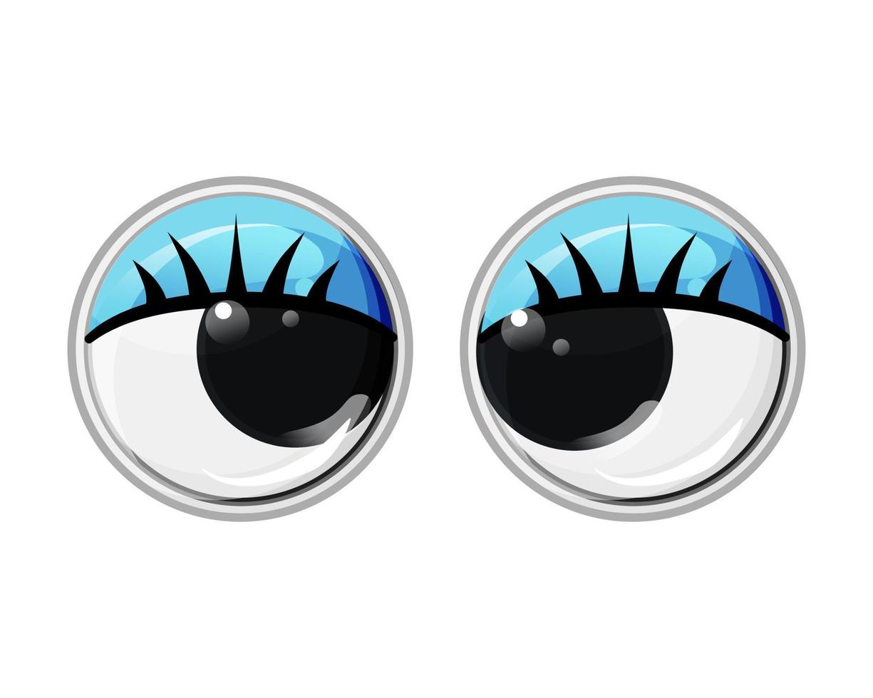 Toy plastic eyes with eyelashes and blue eyelids. Oblique eyes. Vector cartoon illustration on a white isolated background.