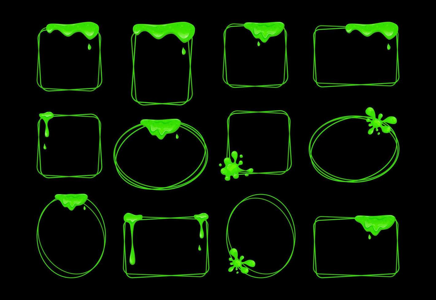 Flowing green slime set of frames. Viscous dripping liquid. Vector cartoon illustration.