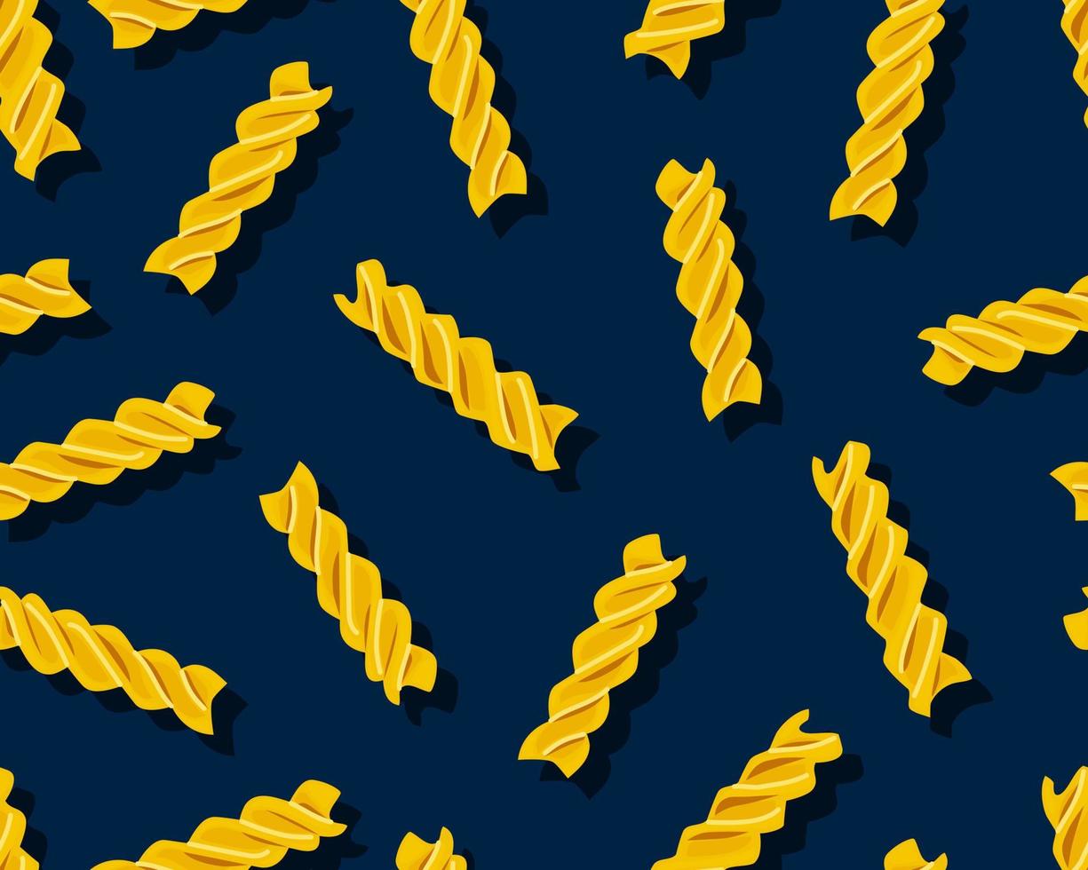 Pasta fusilli on a dark background seamless pattern. Symbol of italian cuisine menu. Vector cartoon background.
