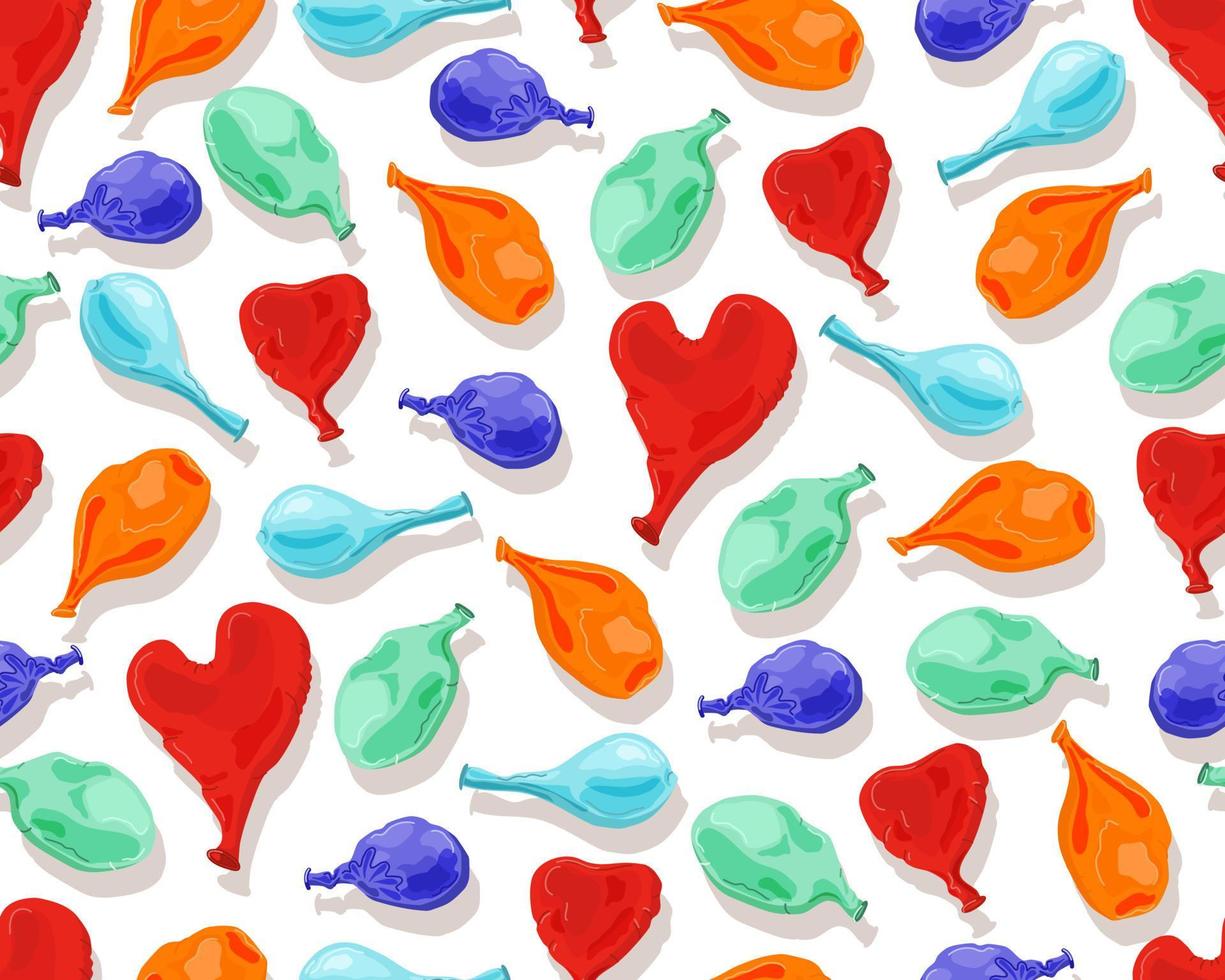 Deflated balloons seamless pattern on white background. Bright inflatable balloons of various shapes and colors. Festive decorative elements. Vector cartoon illustration.