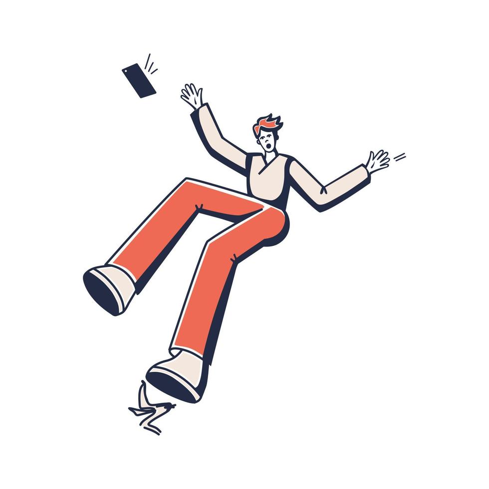 Woman slipped on banana peel. Dropped the phone, fell. Vector cartoon illustration.