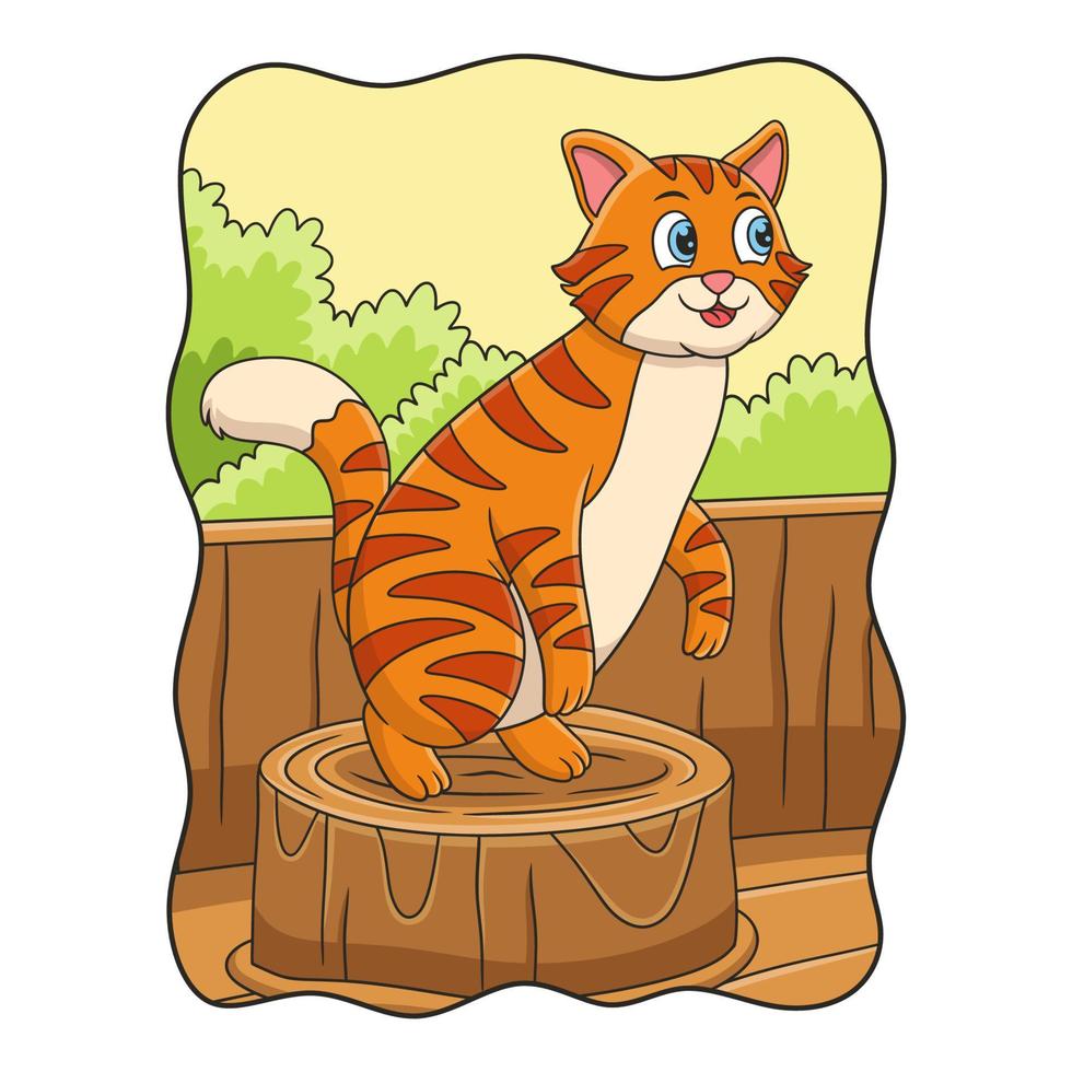 ilustración de dibujos animados de un gato parado en un trozo de tronco que está detrás de una cerca de madera en una granja vector