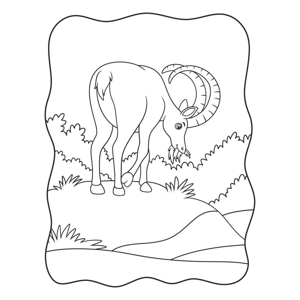 cartoon illustration an ibex walking in the middle of the meadow looking for food in the morning book or page for kids black and white vector