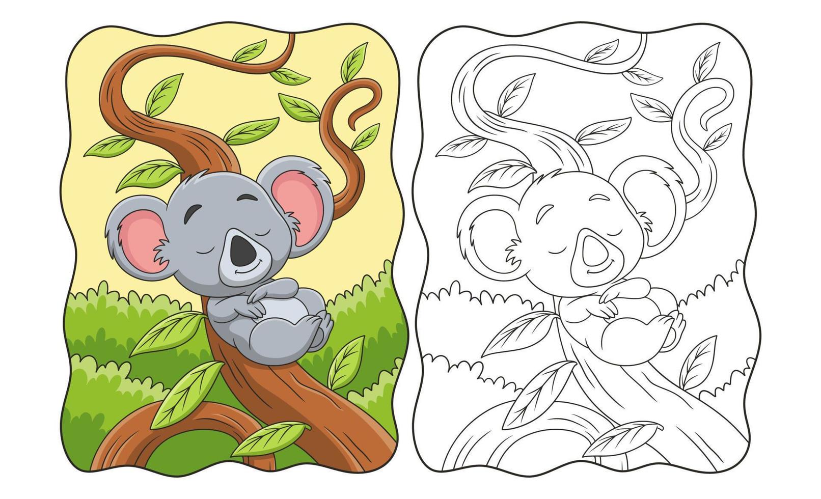 cartoon illustration sleeping koala leaning on a tree trunk in the middle of the forest during the day book or page for kids vector