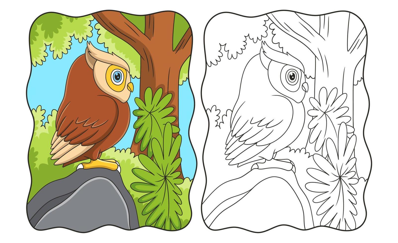 ilustración de dibujos animados vista lateral de un búho encaramado en una roca grande bajo un árbol de bosque grueso al mediodía libro o página para niños vector