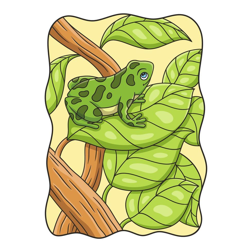 ilustración de dibujos animados la rana está en una hoja de un árbol frondoso y en lo alto del medio del bosque y mira hacia arriba para atrapar a su presa vector