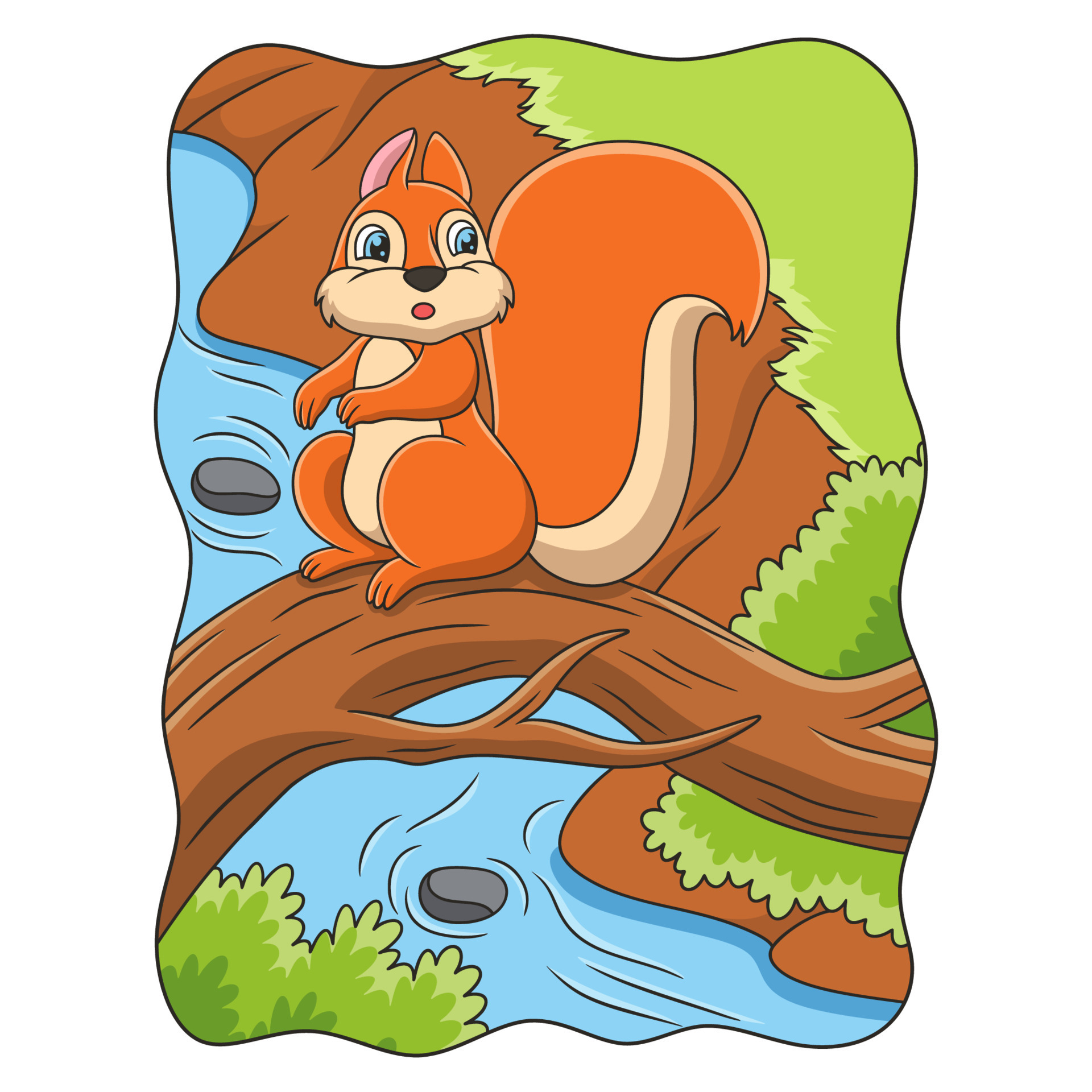 cartoon illustration a squirrel sitting on a fallen tree trunk above a  river with a beautiful view 9303378 Vector Art at Vecteezy