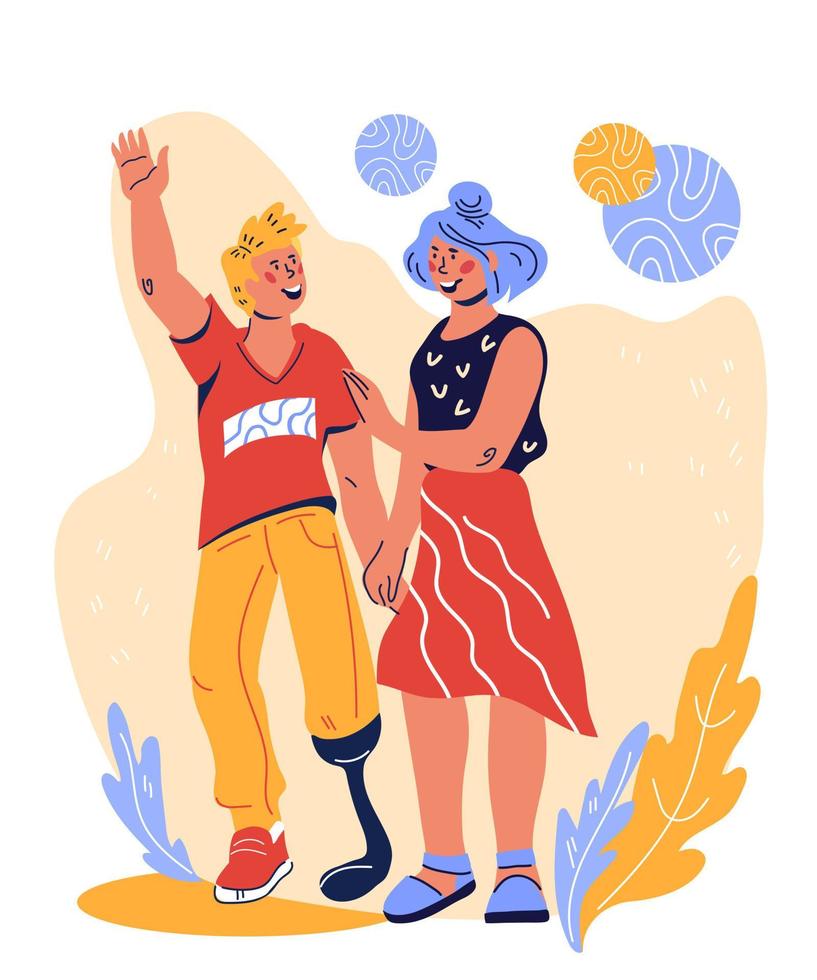 Woman and disabled man with prosthesis walking together. Handicapped people life without barriers, social rehabilitation and environment accessibility for invalids. Flat vector illustration isolated.