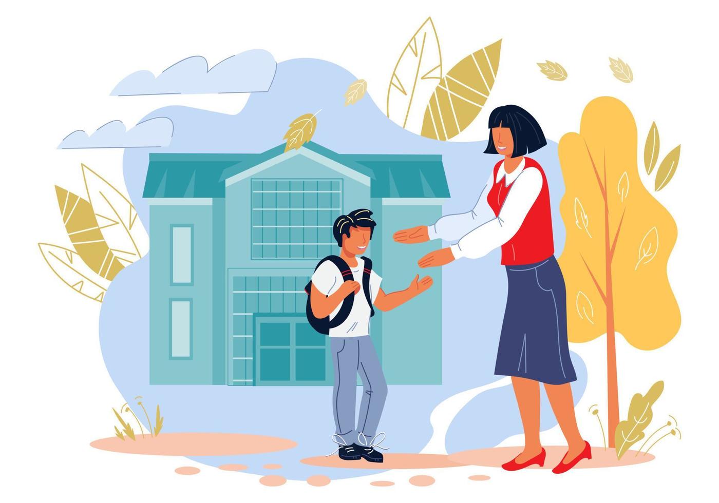 Back To School concept with teacher character welcoming and inviting schoolboy to classes. Education and children learning concept. Schooling,learning and teaching. Flat cartoon vector illustration.