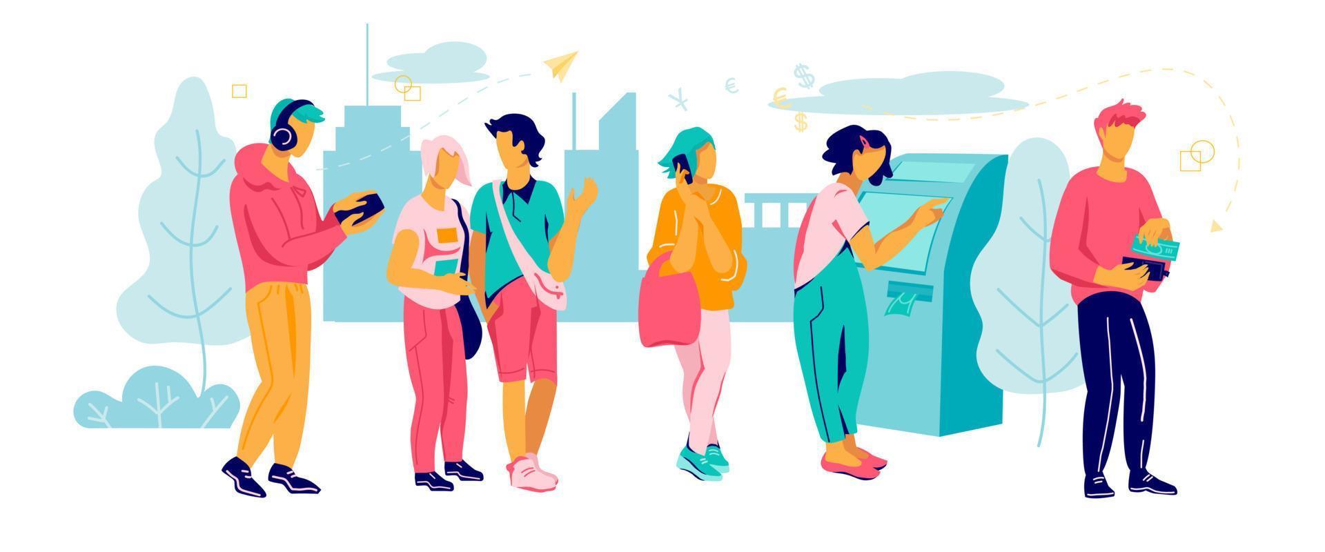 personas en línea para cajeros automáticos - tomando o intercambiando dinero de la terminal atm. transacciones en efectivo y divisas y pagos a través de cajeros automáticos, comercio en línea. ilustración vectorial plana. vector