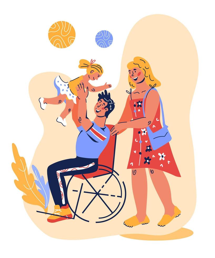 Happy family with disabled father in wheelchair. Handicapped people with physical limits life, social rehabilitation and environment accessibility for invalids. Flat vector illustration isolated.