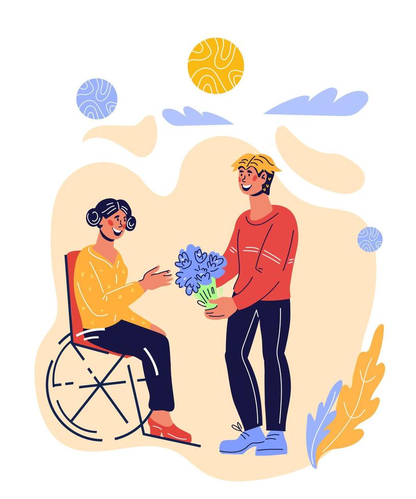 mujer y hombre discapacitado con prótesis caminando juntos. minusválidos vida sin barreras, rehabilitación social y accesibilidad ambiental para minusválidos. ilustración vectorial plana aislada. vector