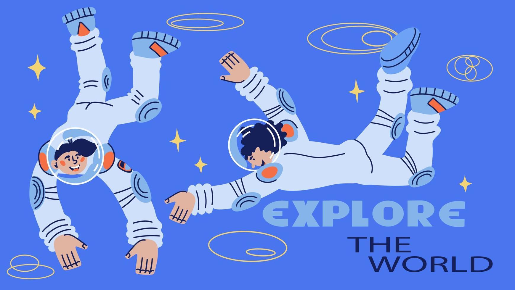 Explore the world banner with astronauts or spacemen characters. Cosmos and universe research, planetarium lecture or lesson invitation. Space journey and exploring. Flat cartoon vector illustration.