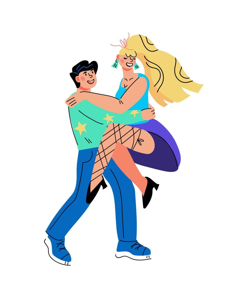 Couple of dancers man and woman dancing flat cartoon style. Party rock-n-roll or swing, tango dancers characters. Retro party or festival, carnival design element. Flat vector illustration isolated.