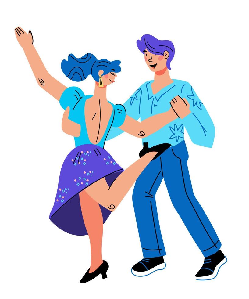 Dancers in flat cartoon style man and woman dancing. Party rock-n-roll or swing, tango dance performers characters. Retro party or carnival design element. Vector illustration isolated.
