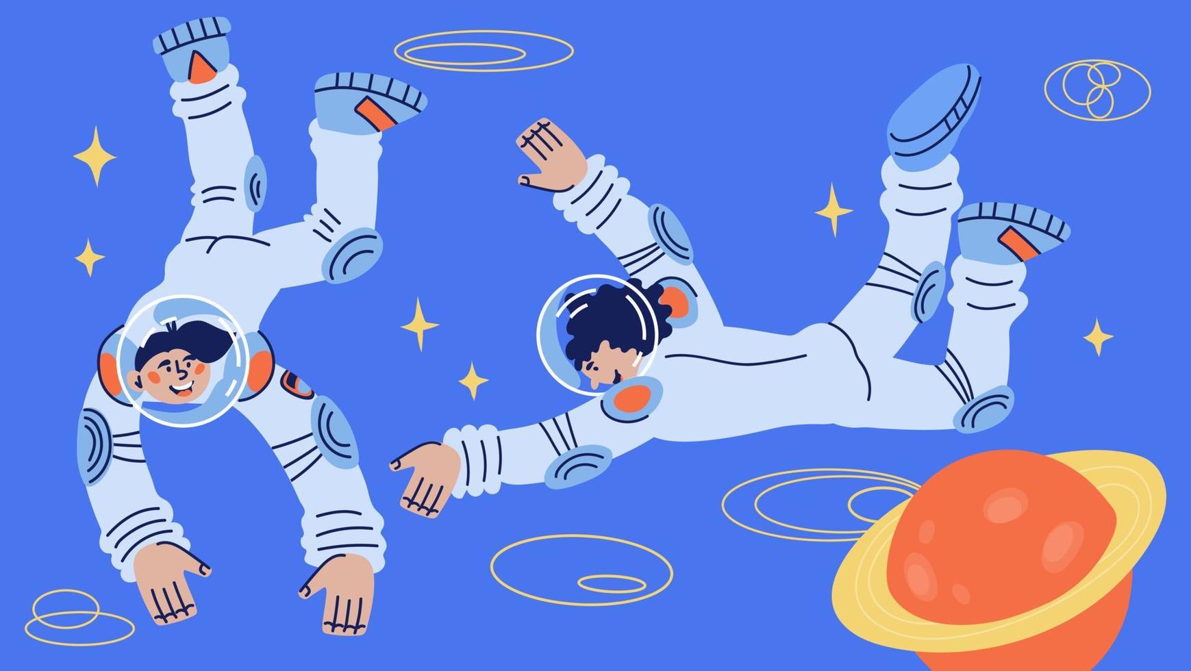Cosmos and universe research banner template with astronauts or spaceman and woman characters in outer space. Journey to stars and world exploring. Flat cartoon vector illustration.