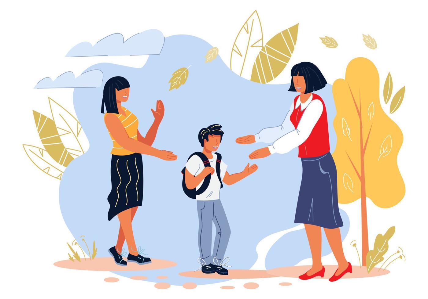 Teacher character welcoming schoolboy back to school lessons. Education and children learning concept. Schooling and teaching. Flat cartoon vector illustration.