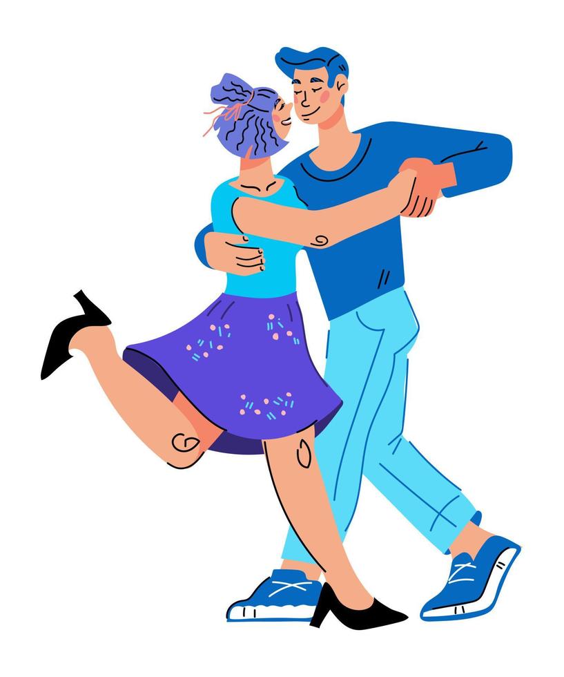 pareja bailando ilustración de vector de danza moderna en estilo de dibujos animados plano de moda aislado. invitación a una fiesta de jazz retro. música vintage: personajes de dibujos animados de bailarines de rock-n-roll o swing.