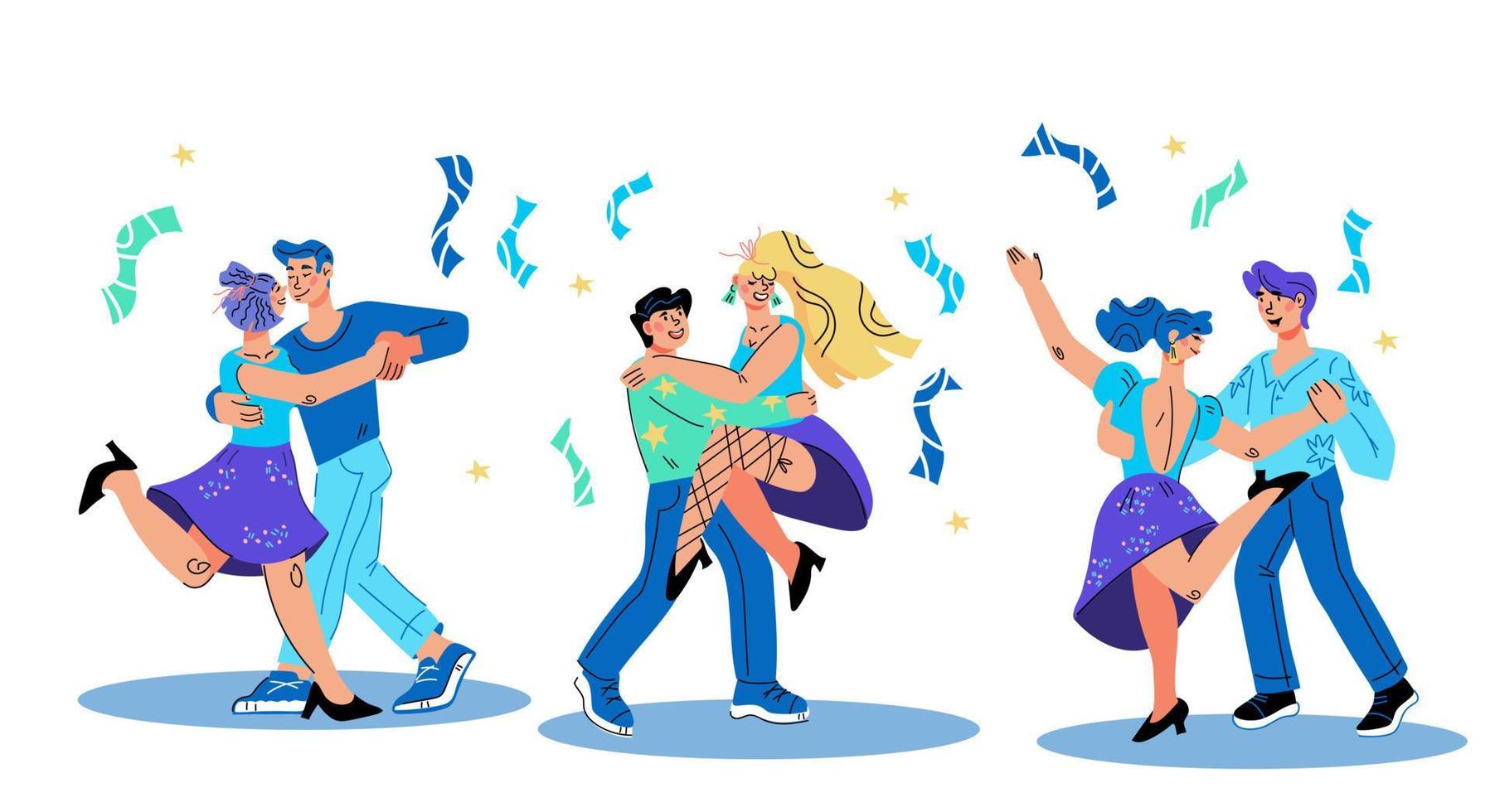 Dance party banner with dancing men and women characters, vector illustration in trendy flat cartoon style isolated. Dancing club or classes, retro music evening template.