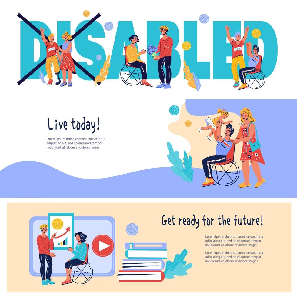 Banners set World for Disability Day with invalid positive people living active life. Healthcare assistance, social rehabilitation and accessibility for handicapped. Vector cartoon illustration.