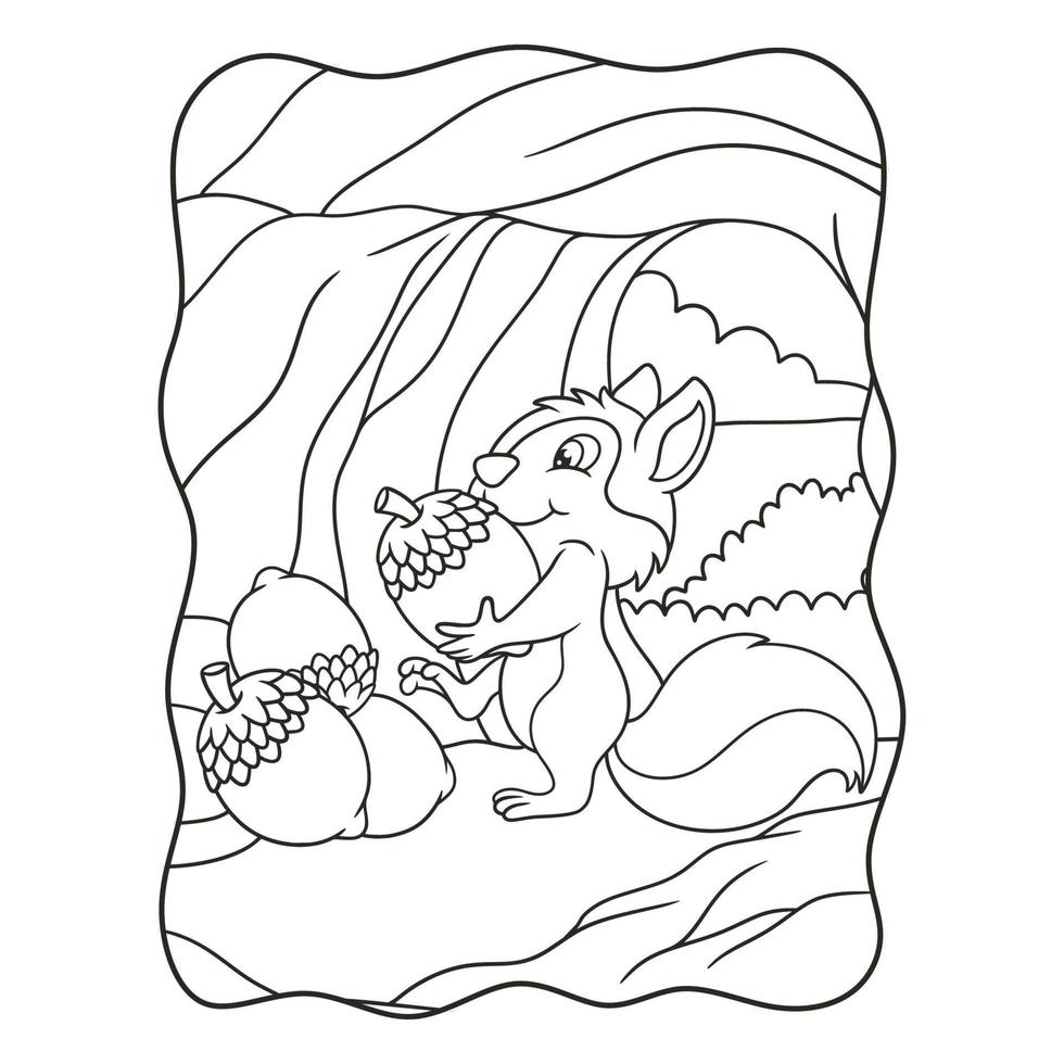 ilustración de dibujos animados la ardilla está recolectando alimentos en forma de nueces de bellota que se almacenan en su casa en el libro o página del árbol para niños en blanco y negro vector