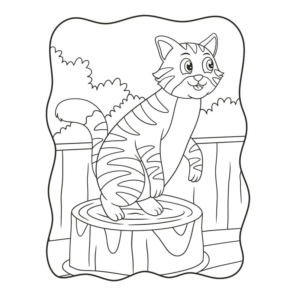 cartoon illustration a cat standing on a piece of log that is behind a wooden fence on a farm book or page for kids black and white vector