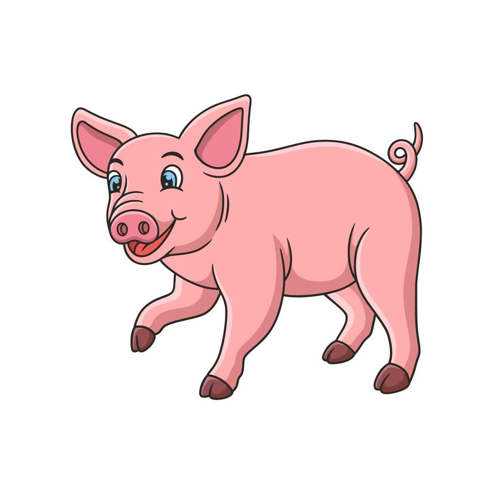 cartoon illustration a pig walking around in its cage near the hay vector