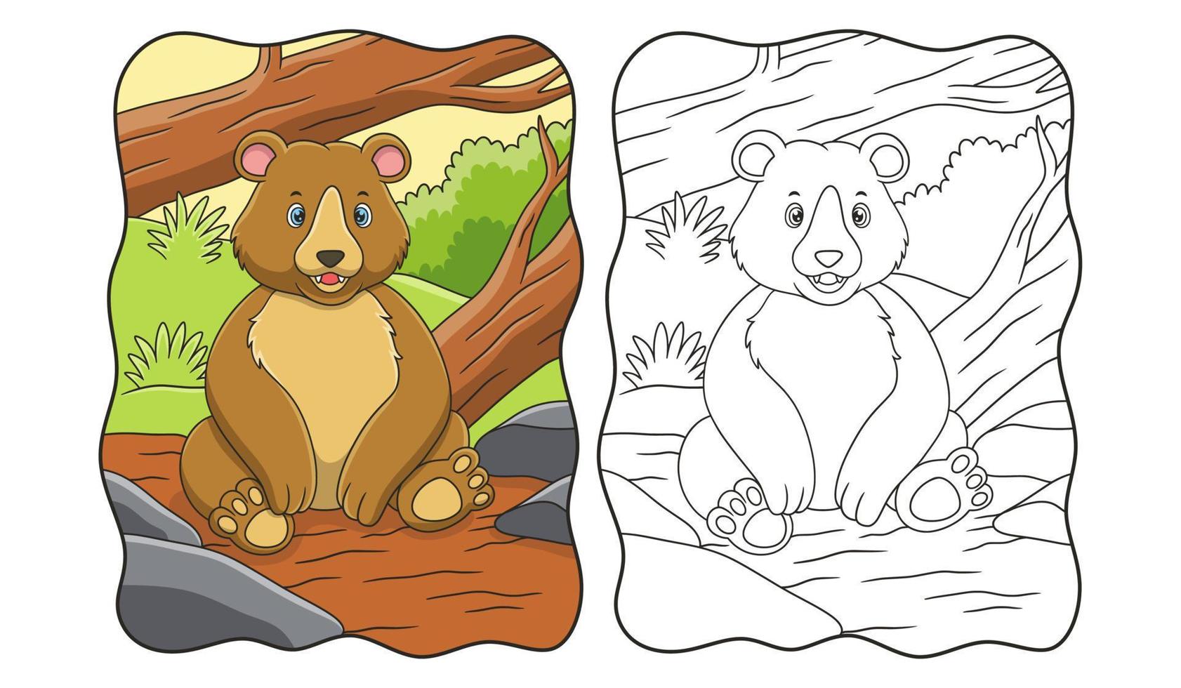 cartoon illustration The bear is sitting under the trunk of a big fallen tree in the middle of the forest book or page for kids vector