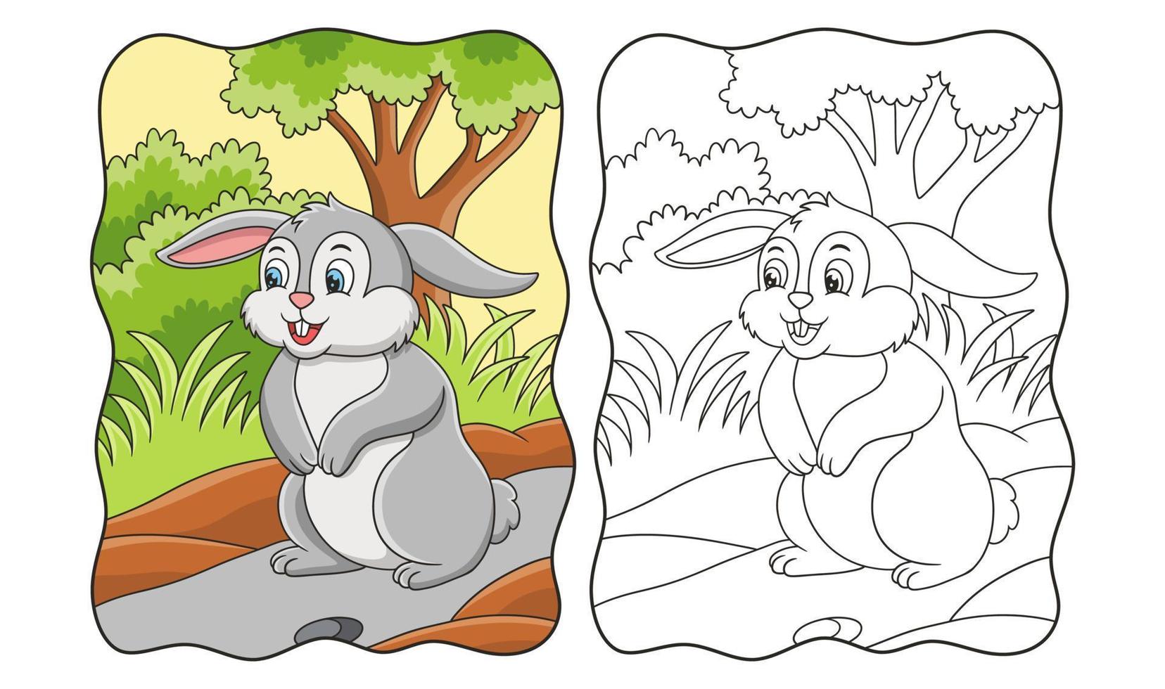 ilustración de dibujos animados el conejo parado en medio del bosque busca un libro de comida o una página para niños vector