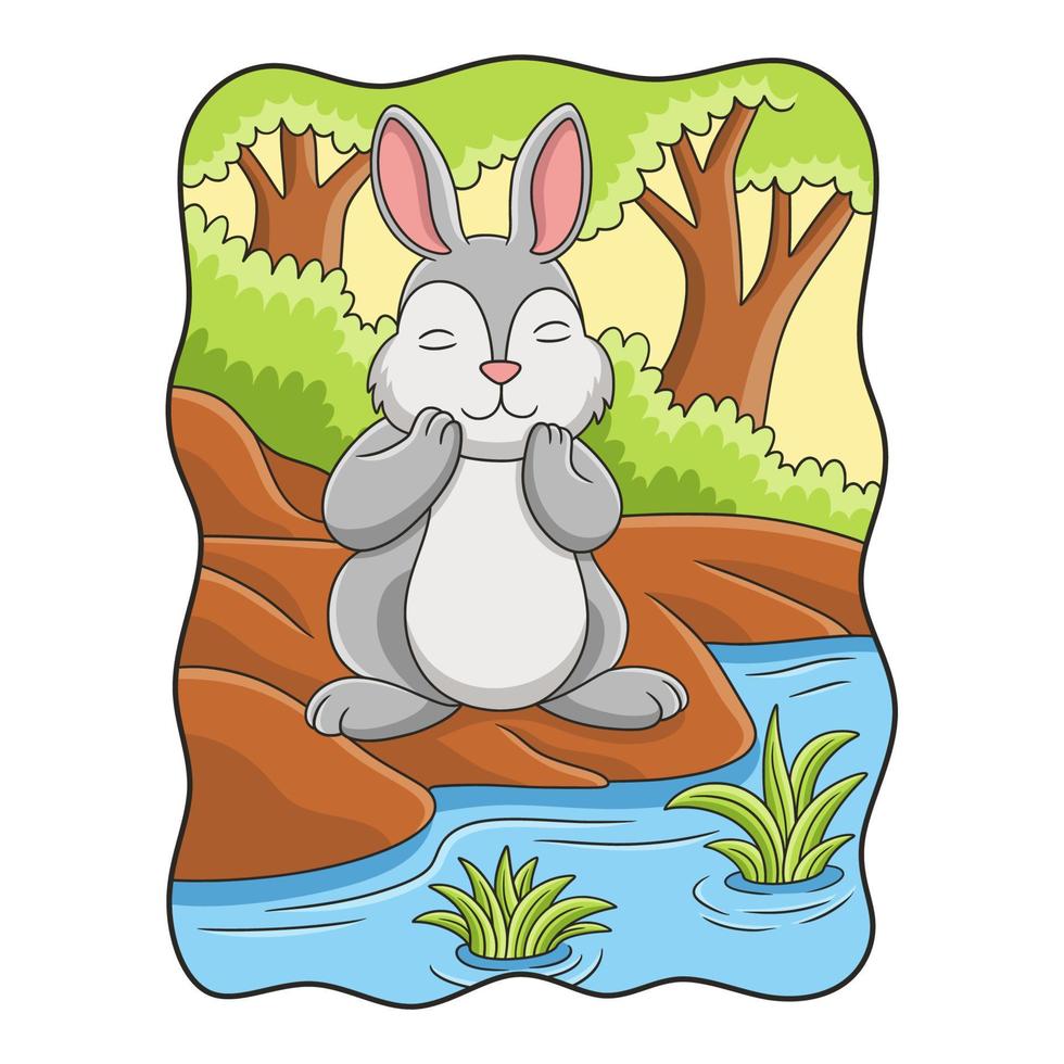 ilustración de dibujos animados conejo está respirando aire fresco junto al río en medio del bosque vector