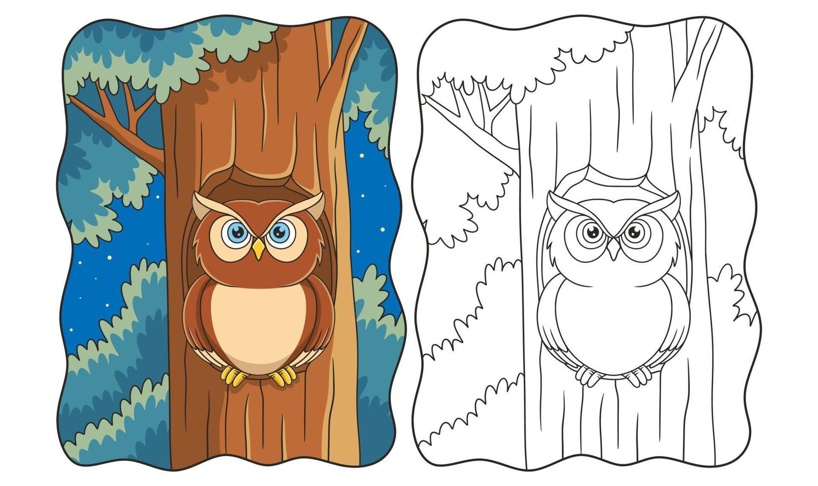 búho de ilustración de dibujos animados parado frente a su casa en un gran tronco de árbol en el libro nocturno o página para niños vector