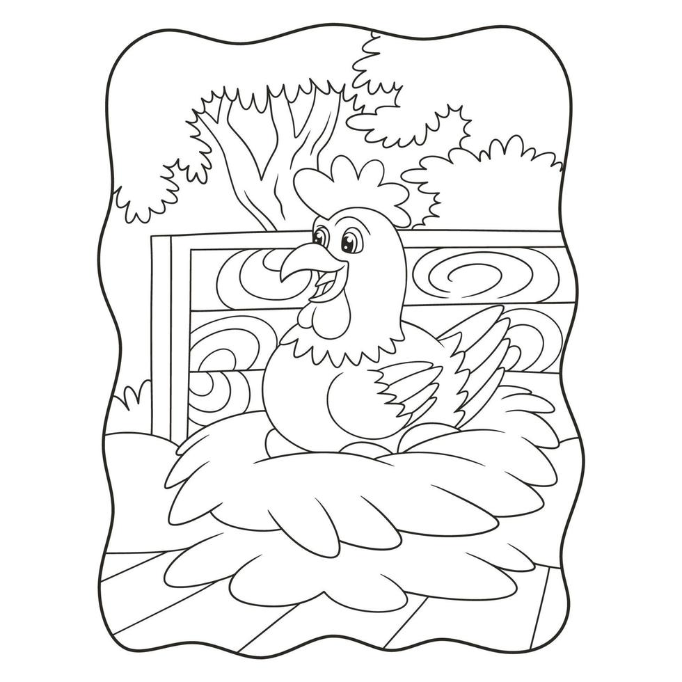 cartoon illustration a hen that is incubating her eggs that are ready to hatch in her cage book or page for kids black and white vector