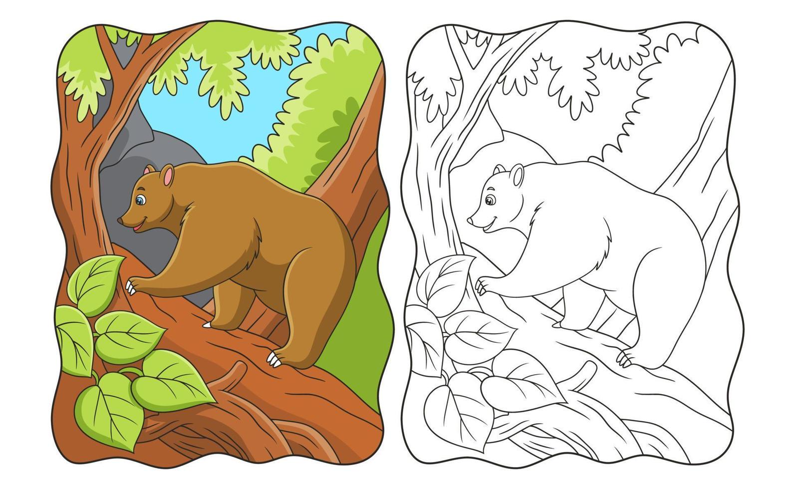 cartoon illustration a bear trying to climb a steep cliff in search of food on a cliff book or page for kids vector