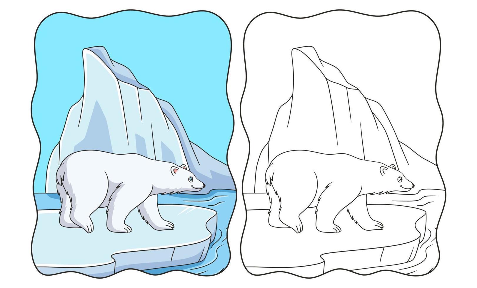 caricatura, ilustración, oso polar, ambulante, en, cubos de hielo, en medio del mar, en busca de pescado, para, alimento, libro, o, página, para, niños vector