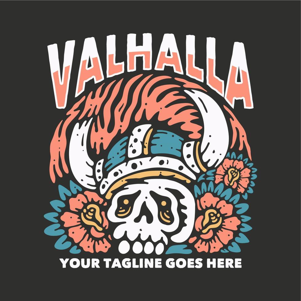 diseño de camiseta valhalla con calavera vikinga cabeza y fondo gris ilustración vintage vector