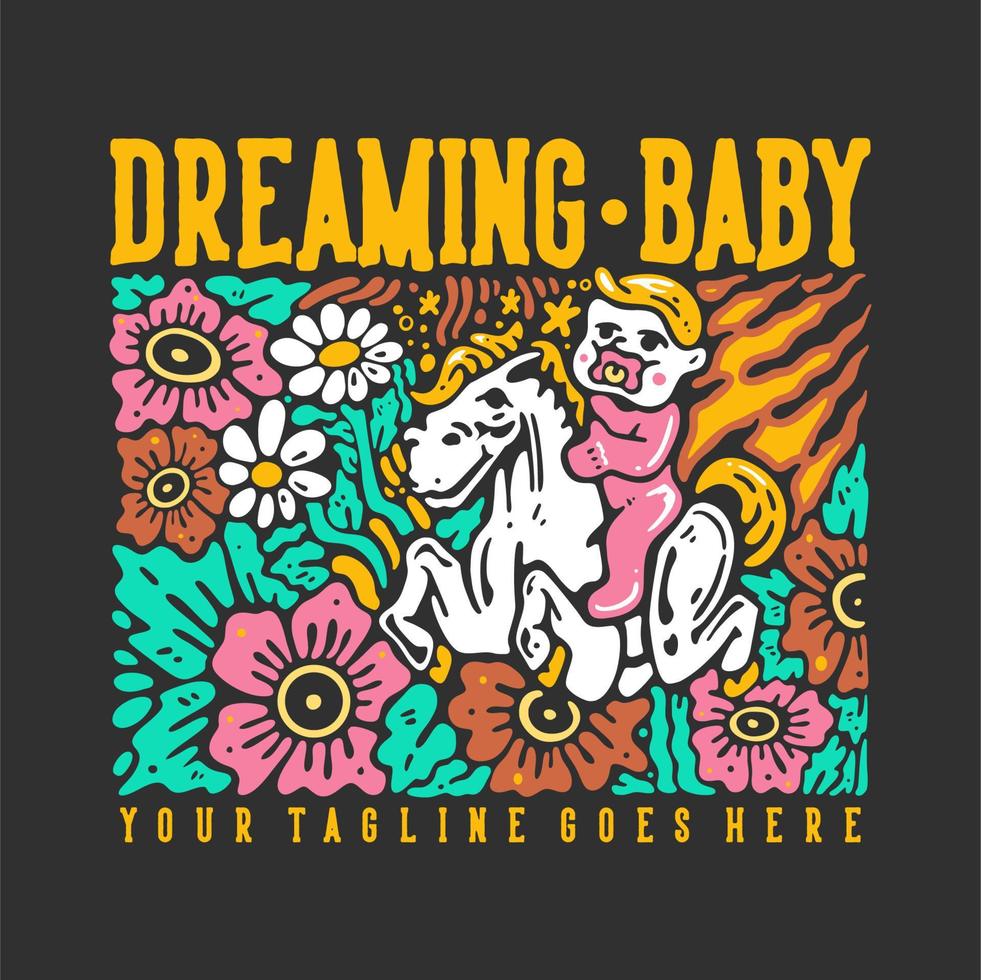 diseño de camiseta bebé soñando con niño montando un caballo con ilustración vintage de fondo gris vector