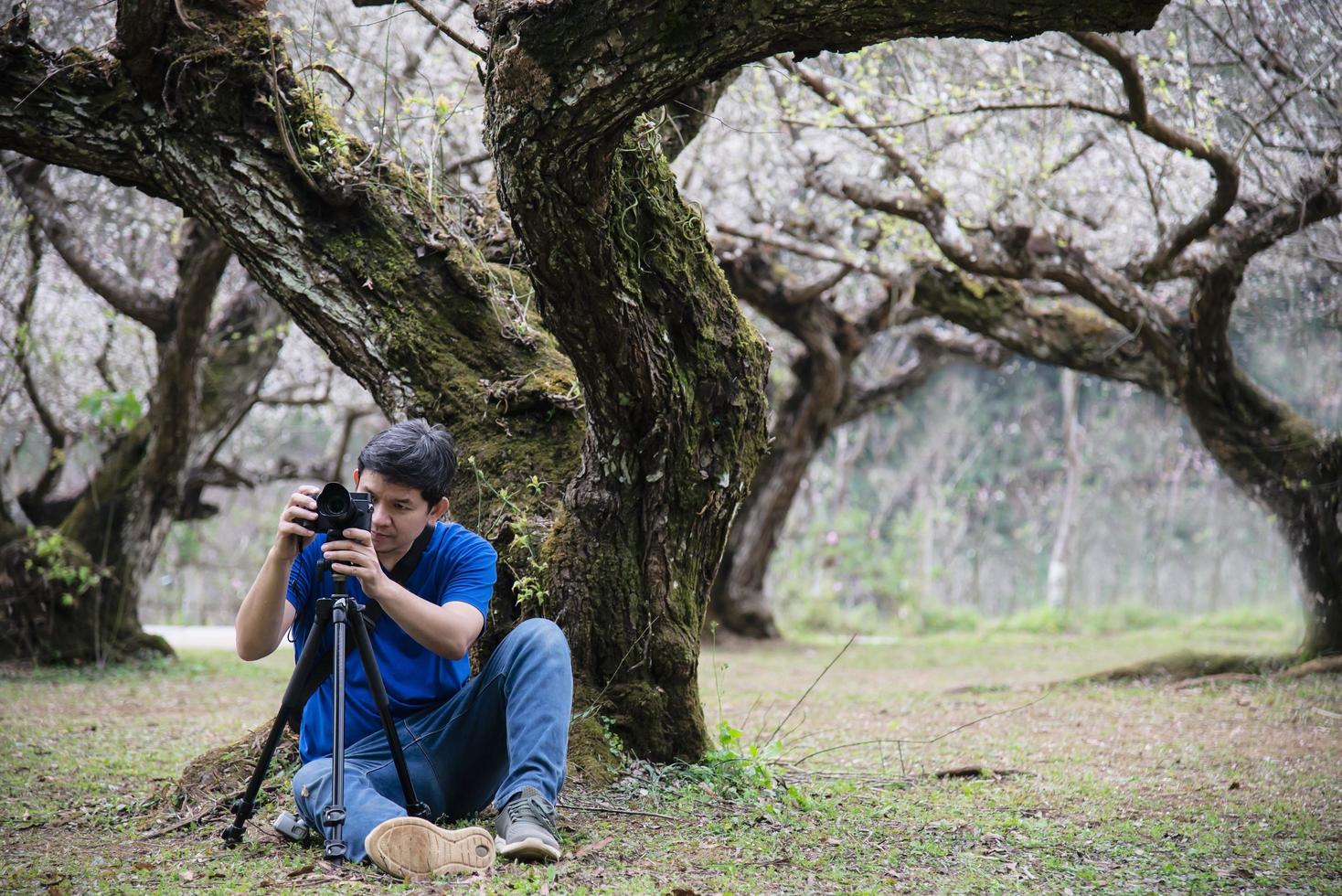 Toursit hombre tomando fotos en la naturaleza flor de ciruelo jardín de flores