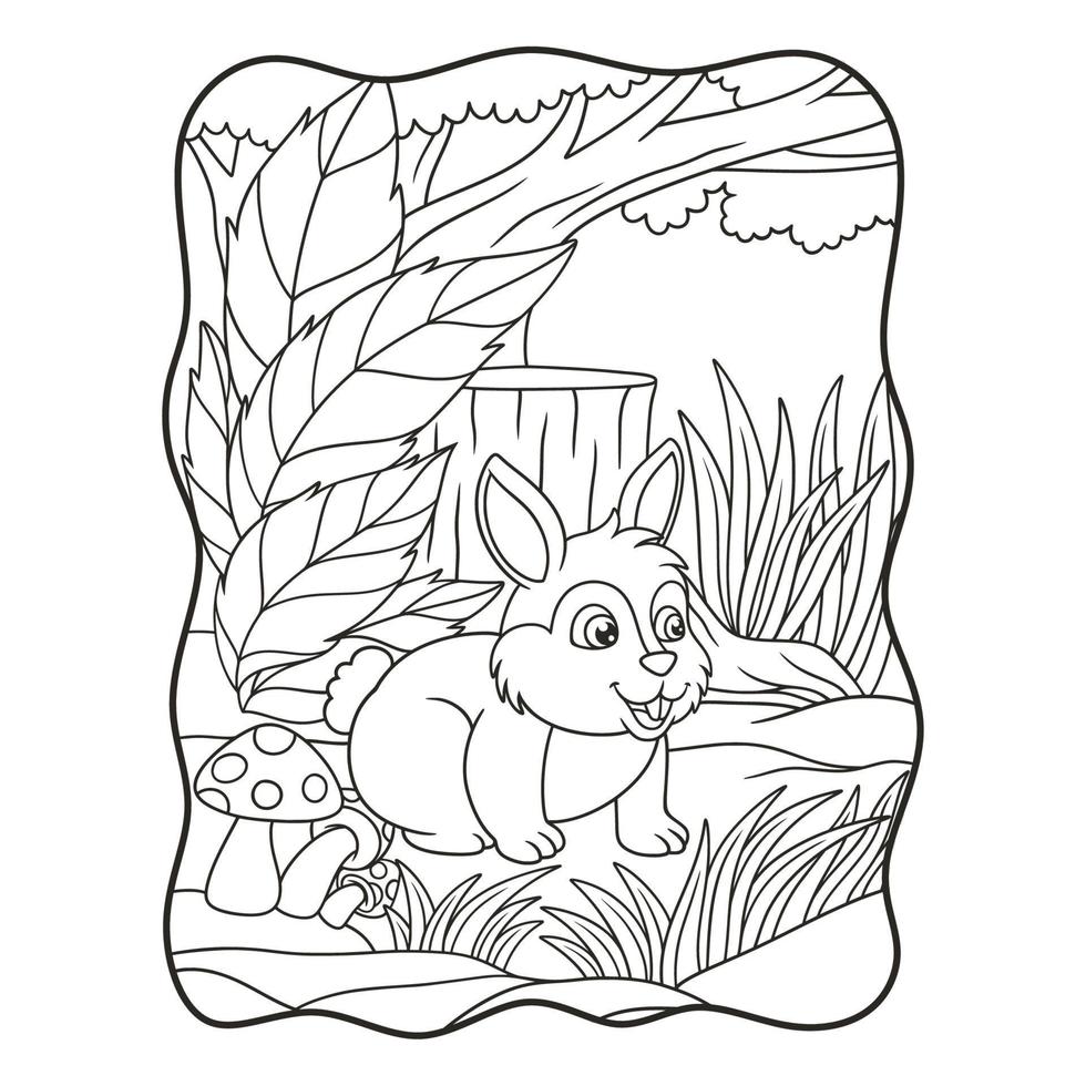 ilustración de dibujos animados un conejo caminando en el bosque buscando un libro de comida o una página para niños en blanco y negro vector