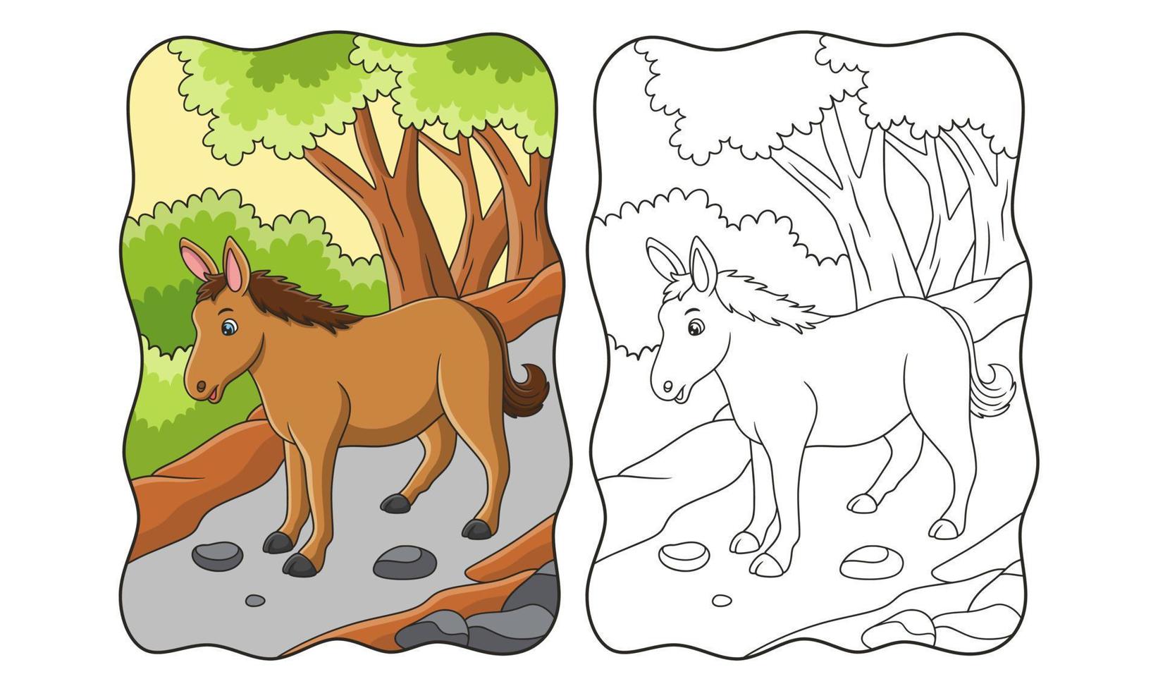 ilustración de dibujos animados de un caballo que camina buscando comida en medio del libro o página del bosque para niños vector