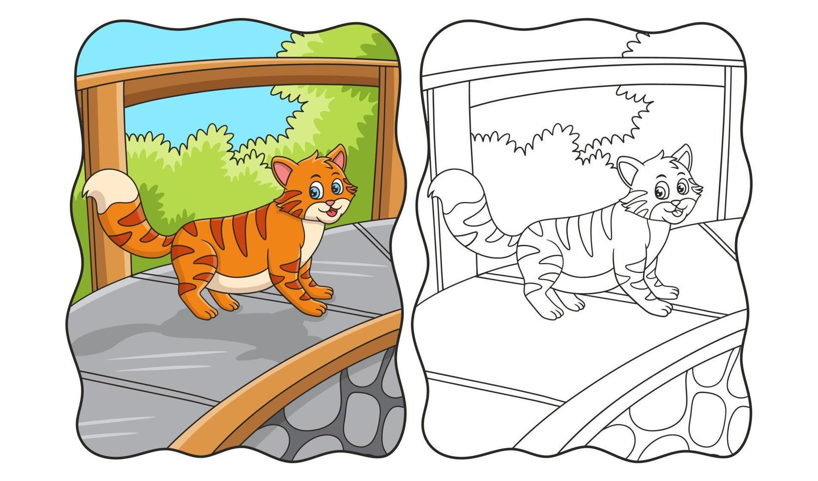 ilustración de dibujos animados gato caminando sobre un puente de madera mirando el libro o la página del pozo de agua para niños vector