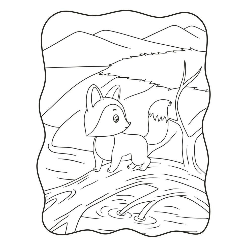 cartoon illustration a fox walking on a fallen log by the river book or page for kids black and white vector