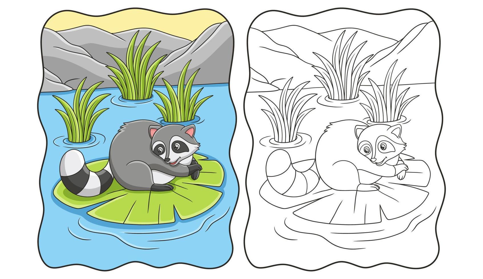 cartoon illustration The raccoon is lying and relaxing on a lotus leaf in the middle of the river book or page for kids vector