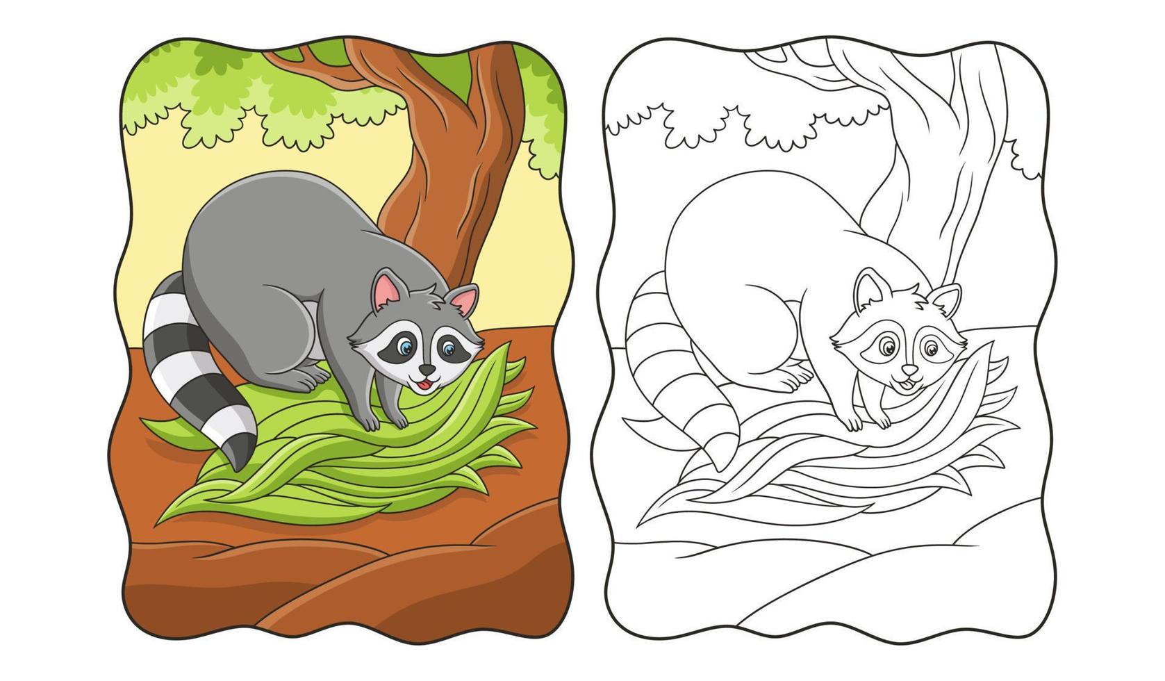 cartoon illustration The raccoon is gathering leaves from a big tree to make a nest for it to live in book or page for kids vector