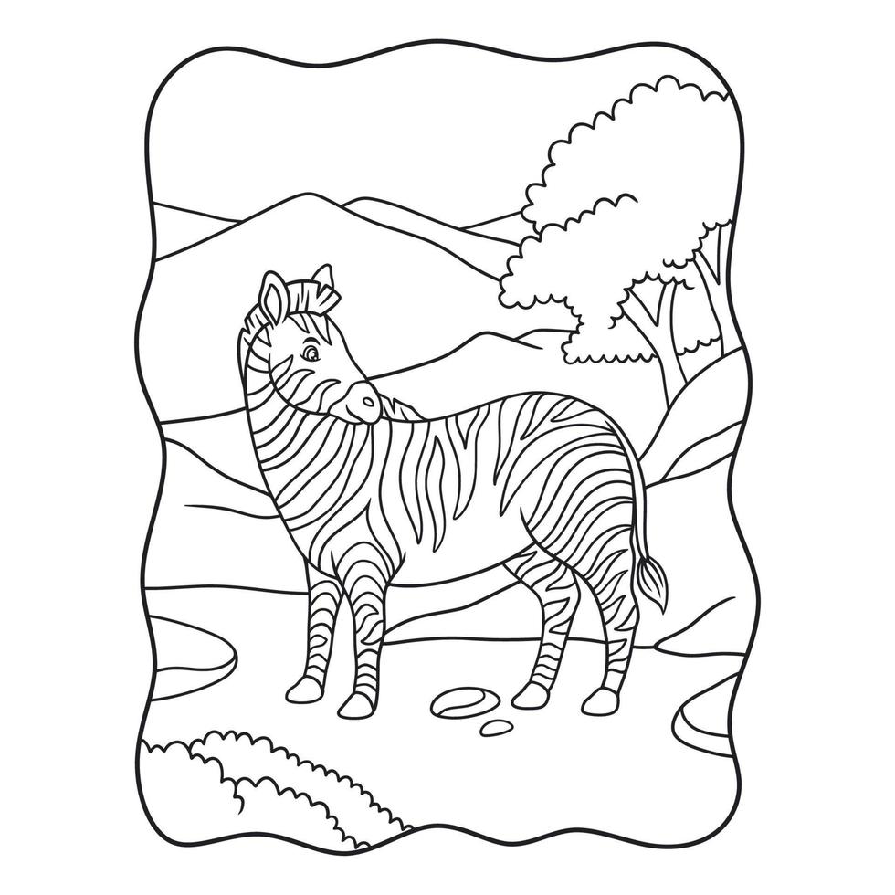 cartoon illustration zebra walking in the forest under the mountain and looking back book or page for kids black and white vector