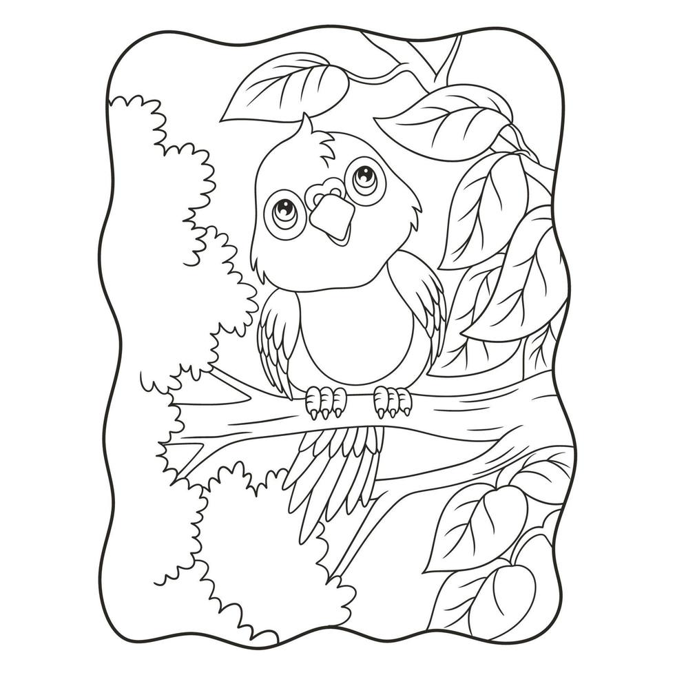 cartoon illustration the parrot is perching on a big and tall tree trunk and looking up at the clouds book or page for kids black and white vector