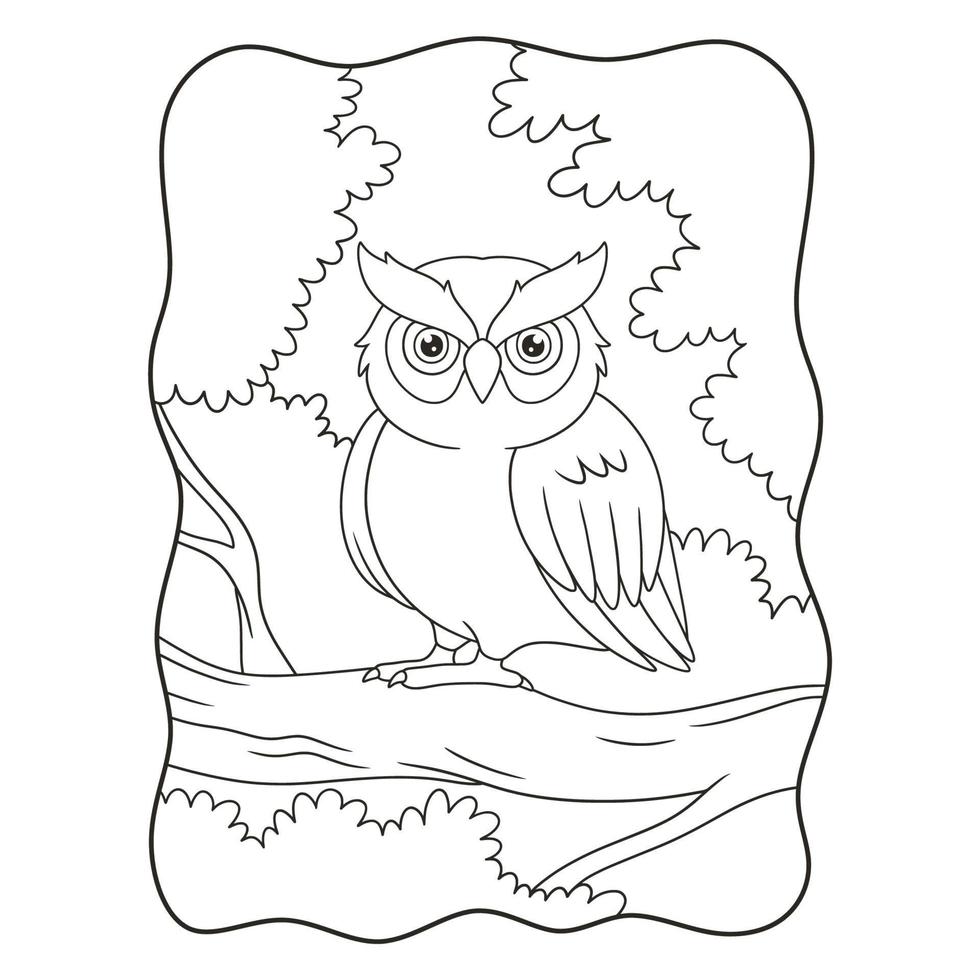 cartoon illustration owl is perching on a big tree trunk during the day book or page for kids black and white vector