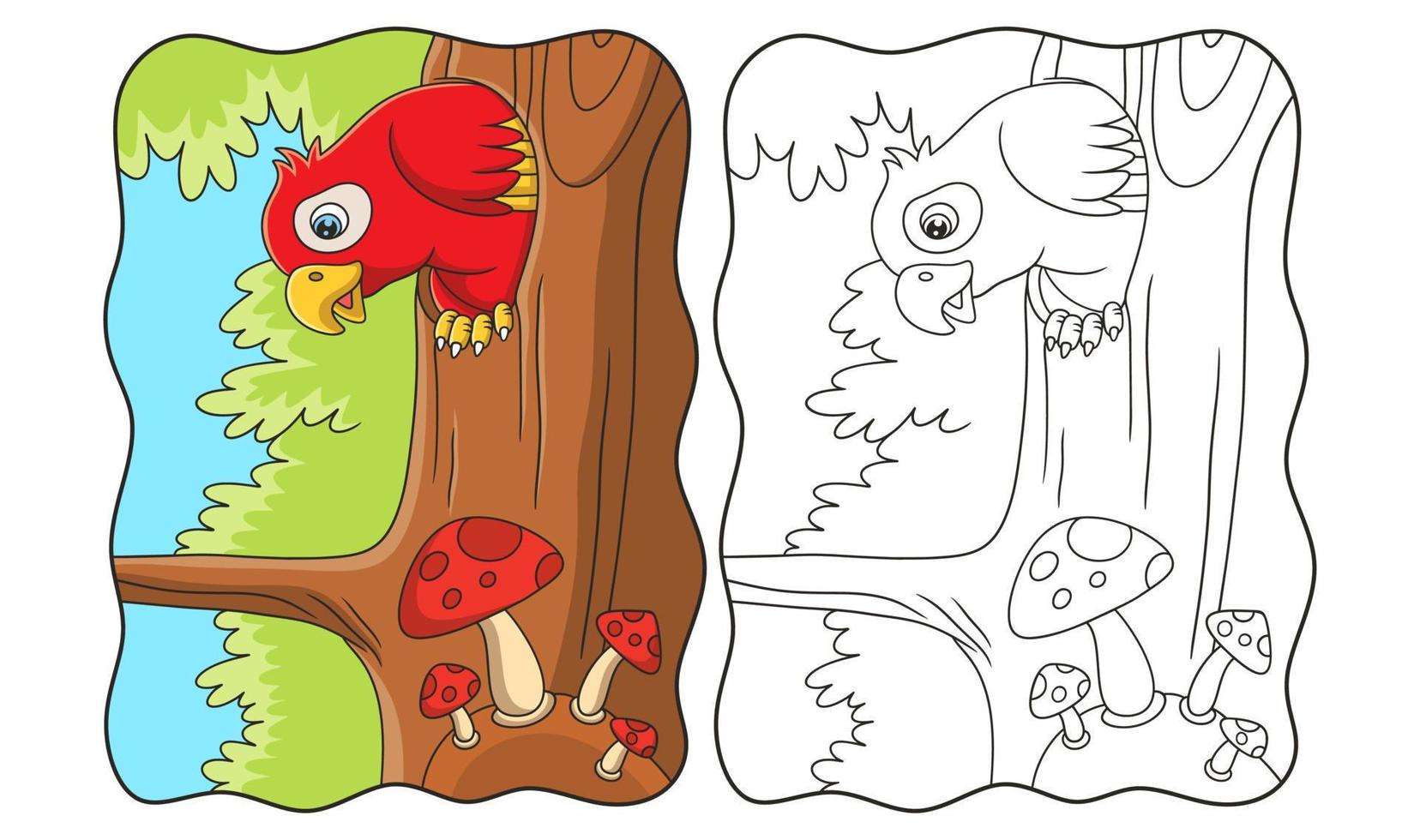 ilustración de dibujos animados del loro que estaba dentro de su casa que estaba dentro del tronco del árbol y se asomó para ver el libro de comida o la página para niños vector