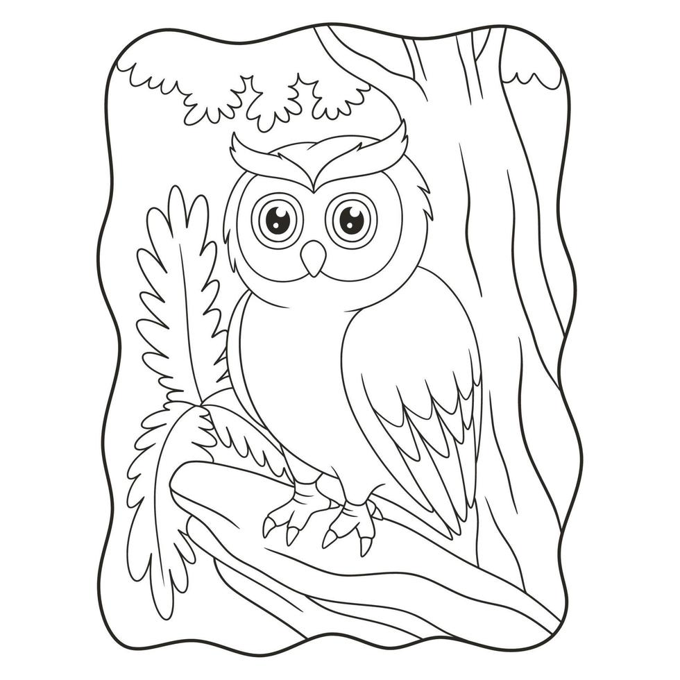 cartoon illustration an owl perched coolly on a fallen tree trunk in the middle of the forest book or page for kids black and white vector