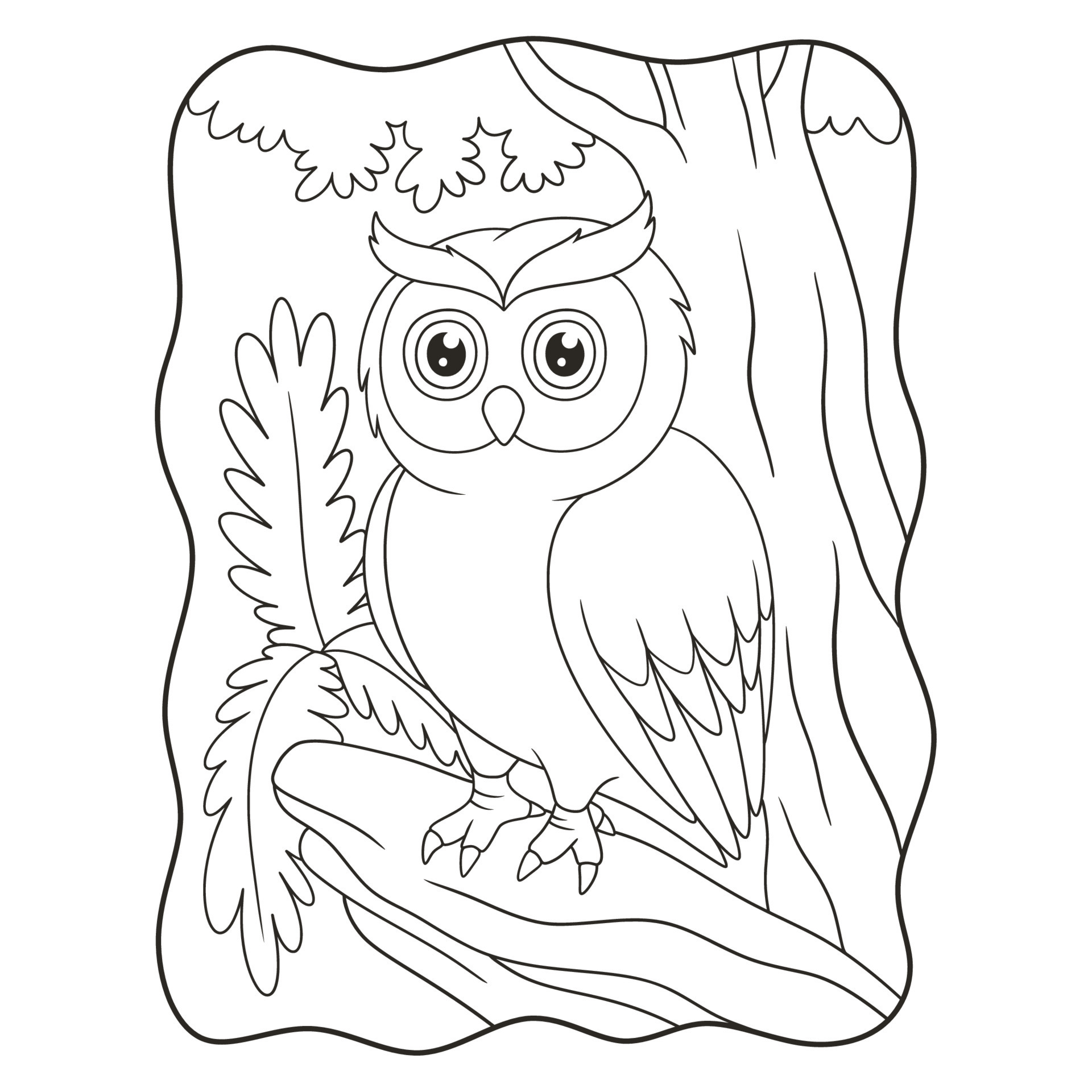 cartoon illustration an owl perched coolly on a fallen tree trunk in