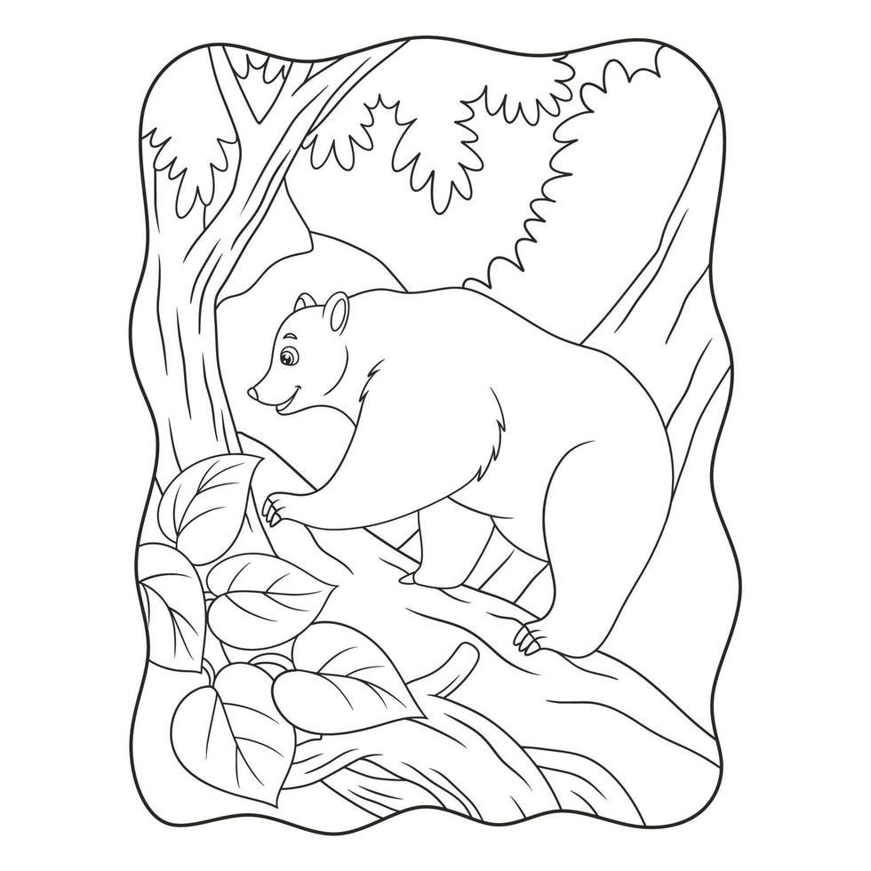 cartoon illustration a bear trying to climb a steep cliff in search of food on a cliff book or page for kids black and white vector